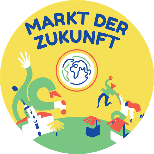 Bunte Grafik. In der Mitte eine Weltkugel. Eine Stadt angedeutet und winkende Menschen. Überschrift: Markt der Zukunft.