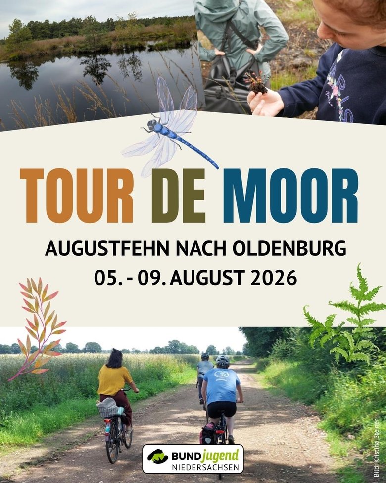 Moorlandschaft, Libelle, Peronen unterwegs auf dem Rad. Text: Tour de Moor, Augustfehn nach Oldenburg, 5.-9. August 2026. BUNDJugend Niedersachsen